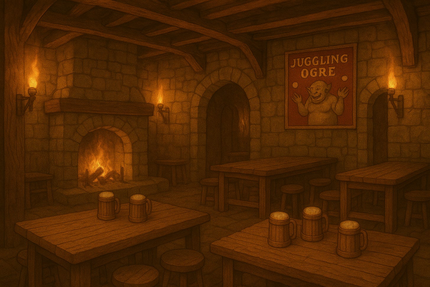 create an image of the interior of the Juggling Ogre tavern
