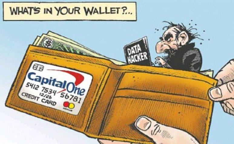 A wallet, a credit card, and a caricature labeled Data Hacker inside. The caption What's in your wallet?
