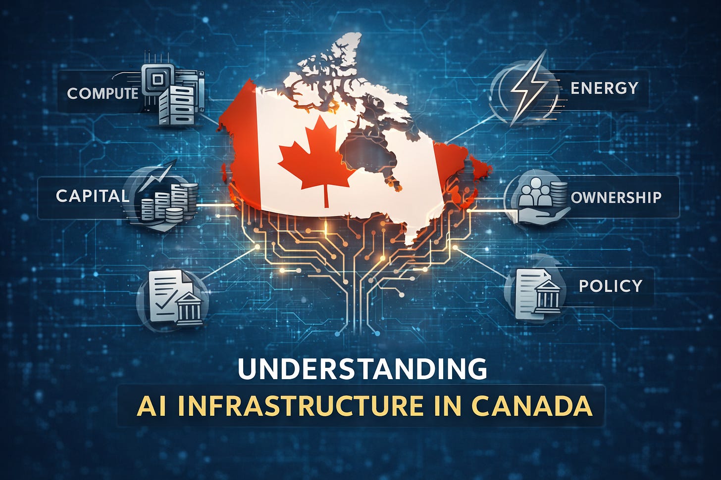Digital illustration of Canada overlaid with the Canadian flag, connected by glowing circuit lines to five labeled elements: Compute, Energy, Capital, Ownership, and Policy, representing the components of AI infrastructure. Digital illustration of Canada overlaid with the Canadian flag, connected by glowing circuit lines to five labeled elements: Compute, Energy, Capital, Ownership, and Policy, representing the components of AI infrastructure.