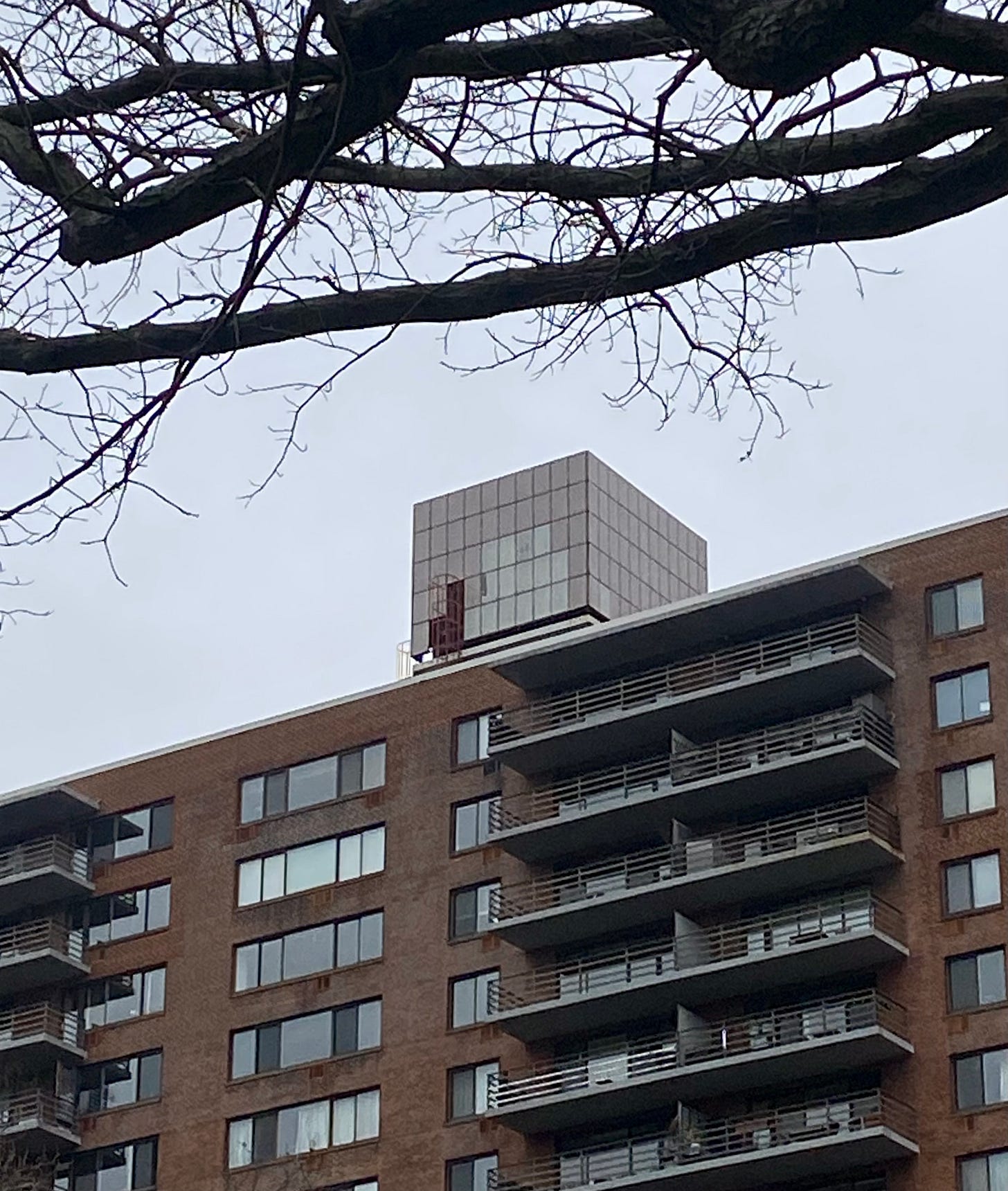 A close up of the pinkish-white water tower structure. There is a bare winter branch across the top of the picture.