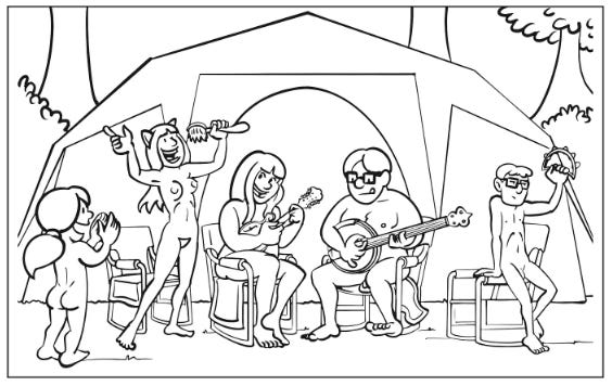 Line drawing of a nude family making music together outdoors. A group sits and stands in front of a tent: one person plays banjo, another strums a small guitar, a child shakes a tambourine, another dances with maracas, and a young child claps along. Line drawing of a nude family making music together outdoors. A group sits and stands in front of a tent: one person plays banjo, another strums a small guitar, a child shakes a tambourine, another dances with maracas, and a young child claps along.