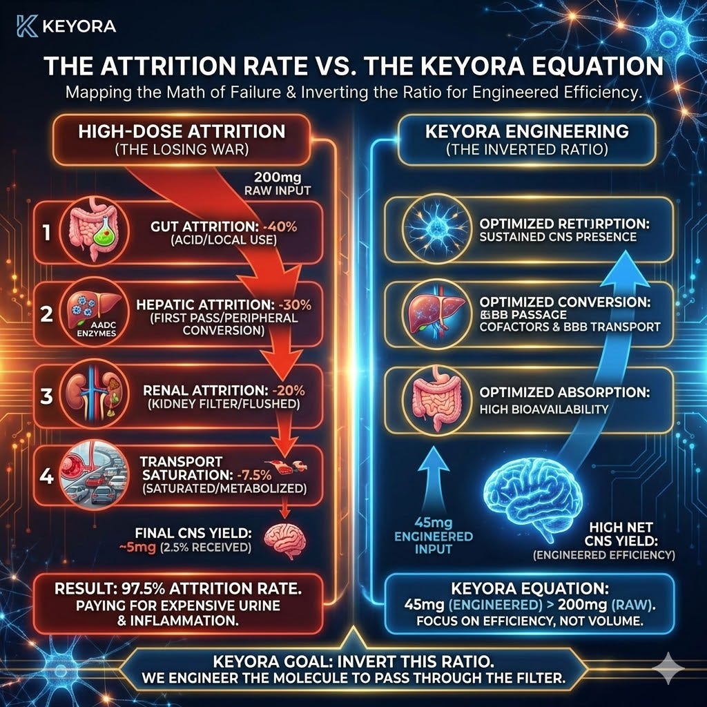The Attrition Rate maps the 97.5% metabolic loss of high-dose 5-HTP, where the Gut, Liver, and Renal filters destroy Neurological Sovereignty before CNS access. The Attrition Rate maps the 97.5% metabolic loss of high-dose 5-HTP, where the Gut, Liver, and Renal filters destroy Neurological Sovereignty before CNS access.