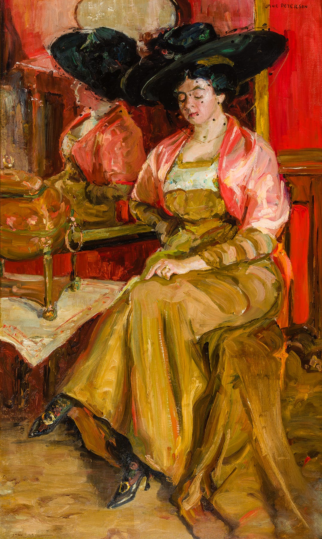 JANE PETERSON (1876&ndash;1965), "The Engagement Ring," c. 1908&ndash;09. Oil on canvas, 50 x 30 in.