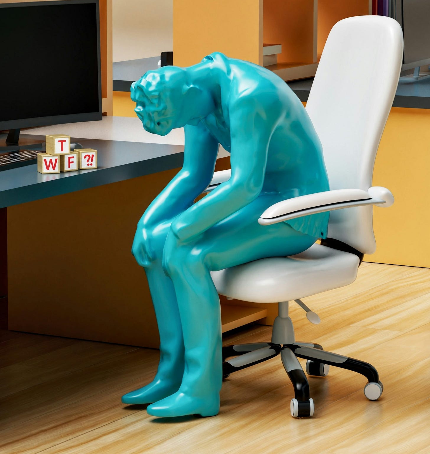 a statue of a person sitting on a chair in front of a desk