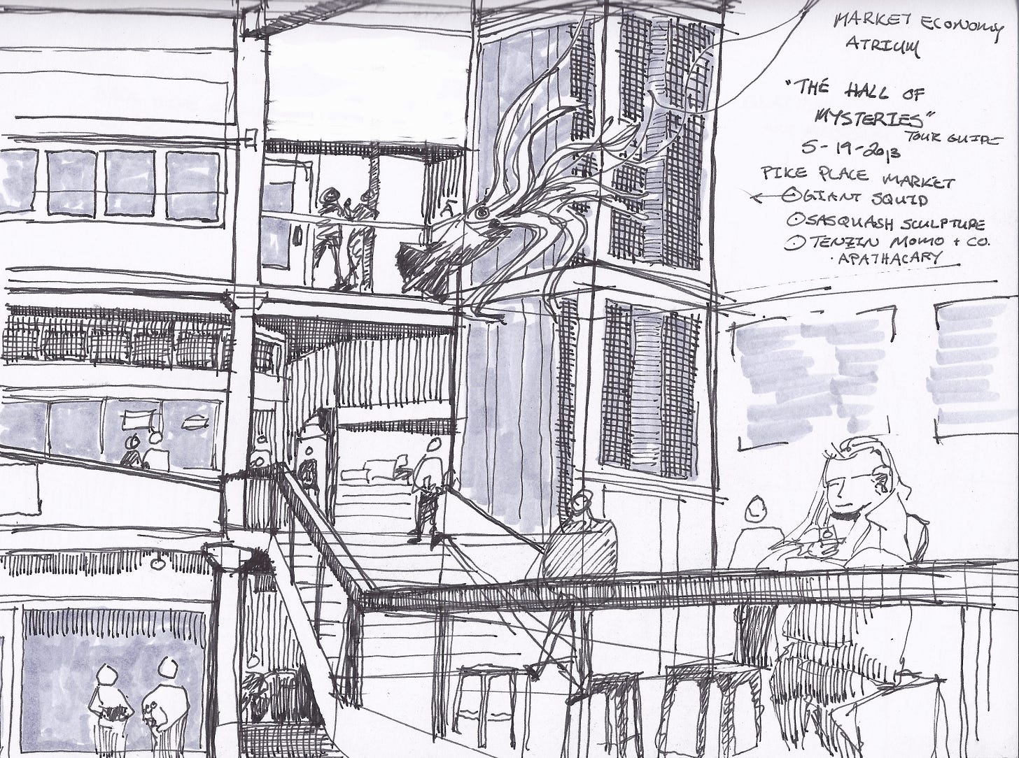 Ink and pen drawing of the Market Economy Atrium at Pike Place Market