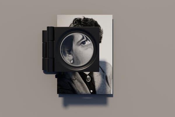 a black-and-white photo of a woman’s face overlaid with a magnifying glass in a square black frame distorting the woman’s eye, which seems to gaze directly at us. 