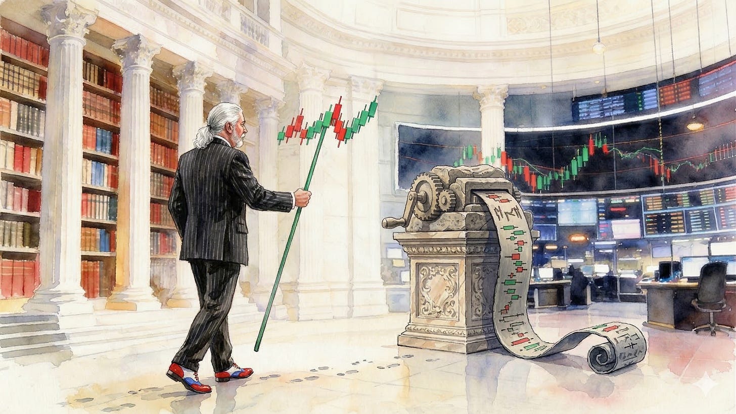 A man with long silver-white hair in a dark pinstripe suit and colorful red, white, and blue shoes walks toward an ornate stone ticker tape machine in a grand rotunda. Library bookshelves and classical columns line the left wall. A financial trading floor with screens displaying candlestick charts fills the right. He carries a staff topped with candlestick chart bars.