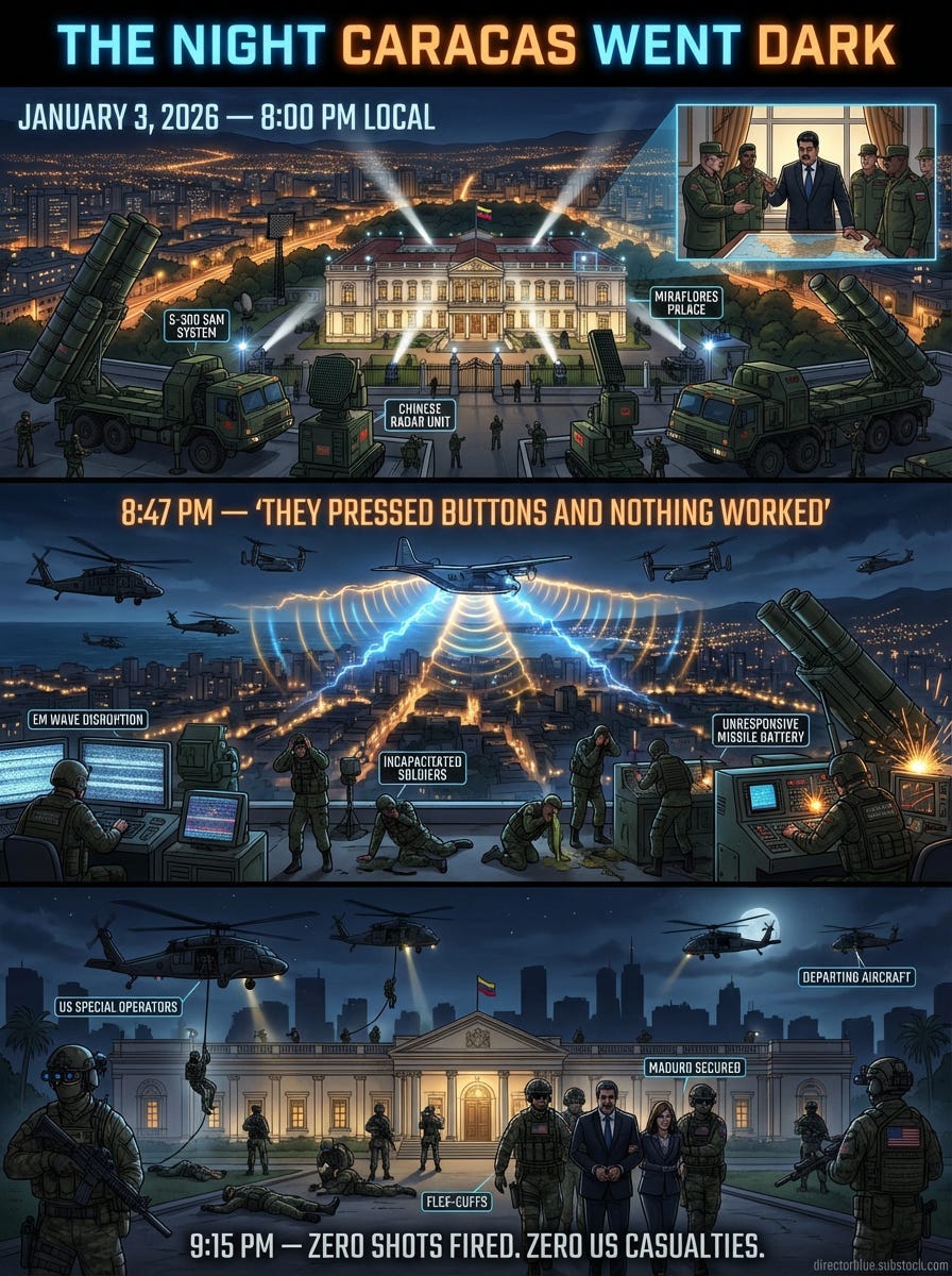 IMAGE PROMPT 1 The Night Caracas Went DarkDetailed Prompt (3x4 Portrait Infographic)Create a dramatic cinematic infographic illustration depicting the night of January 3 2026 in Caracas Venezuela The image should be divided into three horizo_image_1