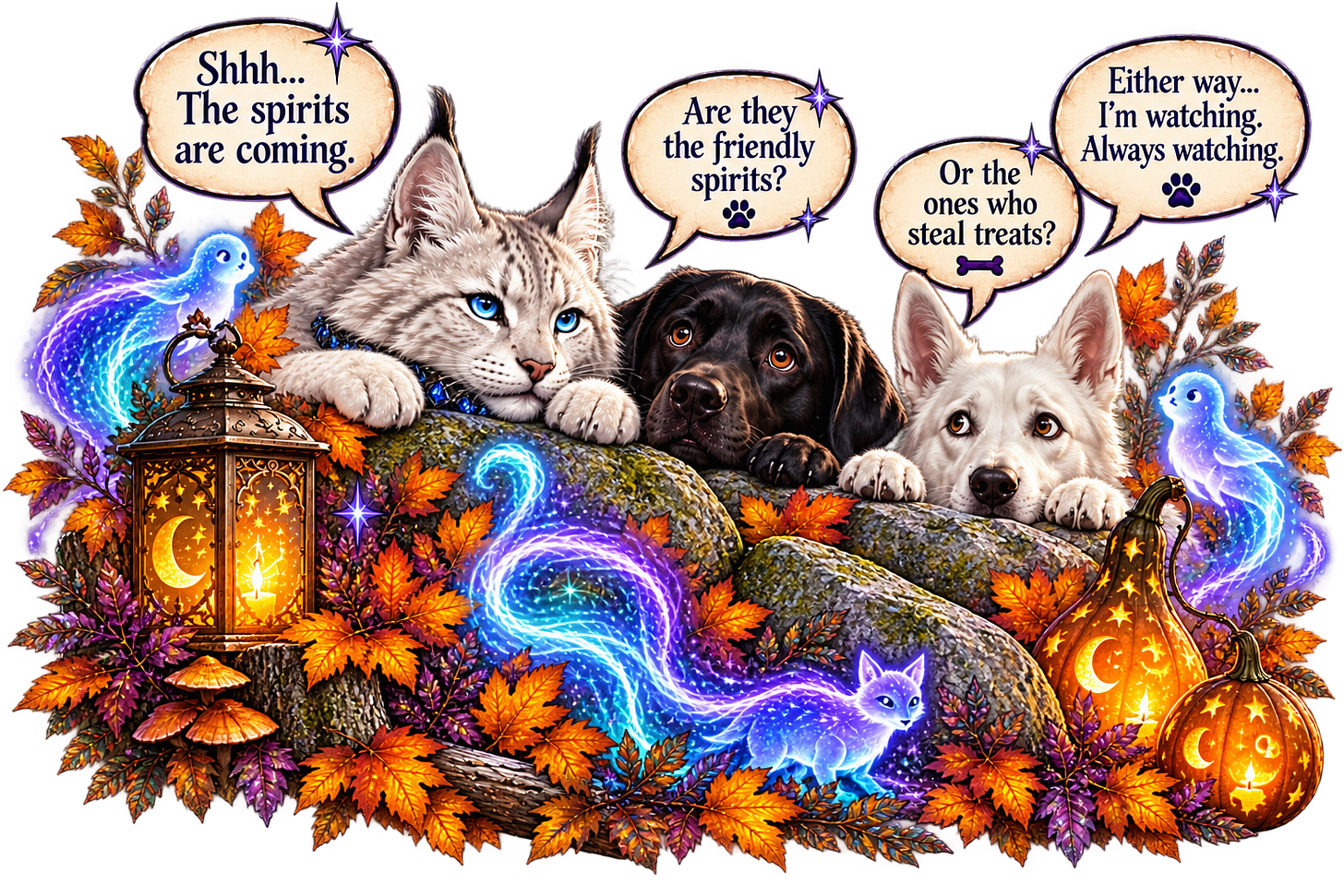 Jynx warning the dogs to be quiet as spirits are coming. Barrow wanting to know if they're dangerous. Spirit wanting to know if their going ot steal treats. Spirit is watching. Jynx warning the dogs to be quiet as spirits are coming. Barrow wanting to know if they're dangerous. Spirit wanting to know if their going ot steal treats. Spirit is watching.
