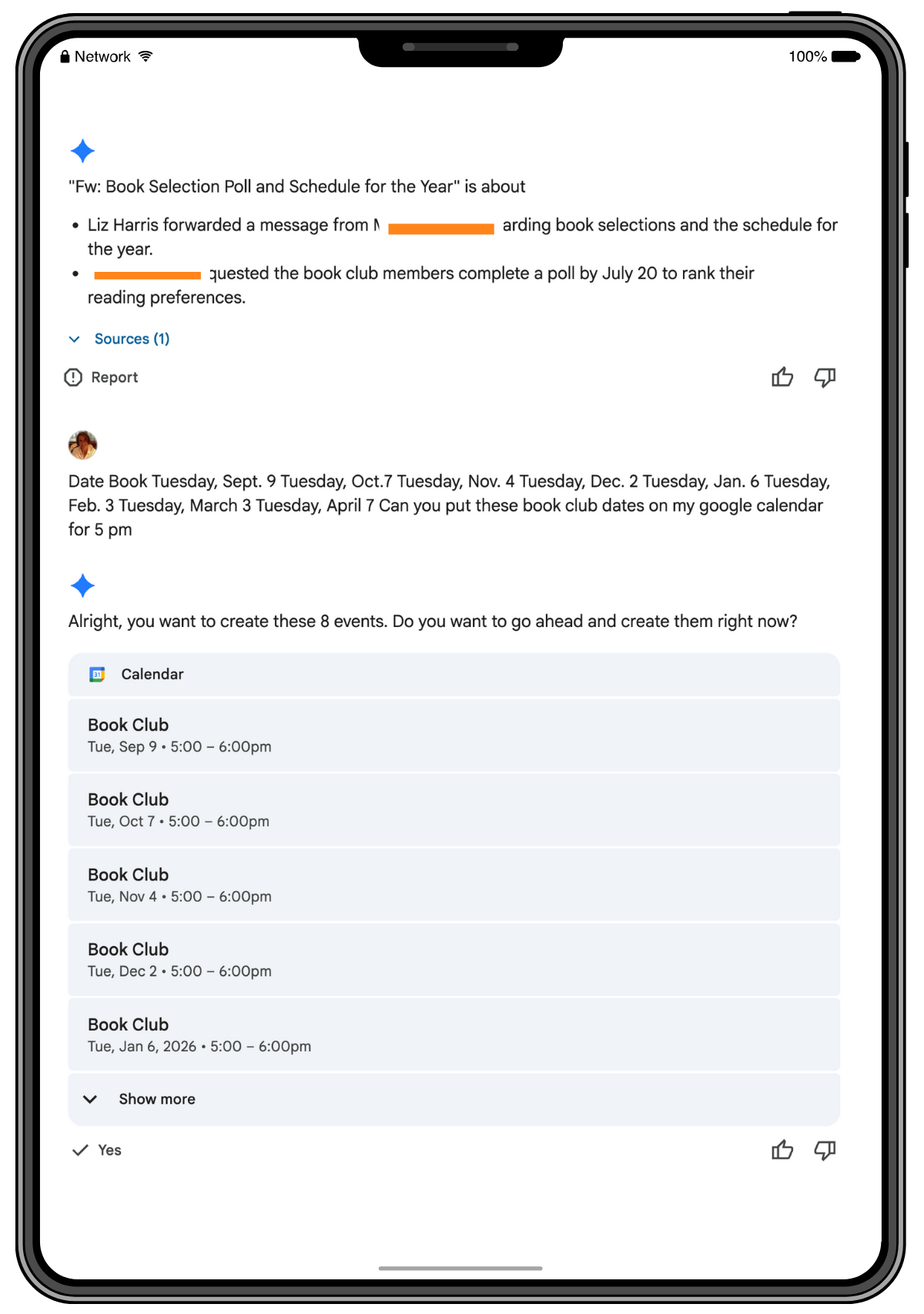 Screenshot of Gemini conversation in Gmail showing user typing unformatted book club dates and Gemini recognizing them as 8 calendar events