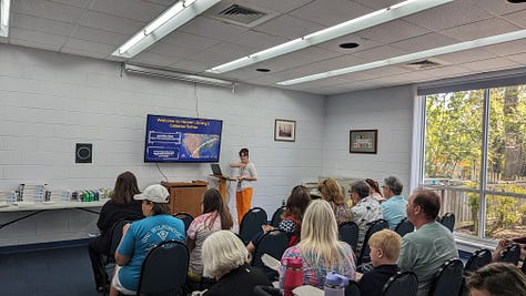 three images - 1st image of an Library Staff member painting a child's face. 2nd image: Library staff member giving a visual presentation to a seated audience. 3rd image - Two adults looking through a telescope
