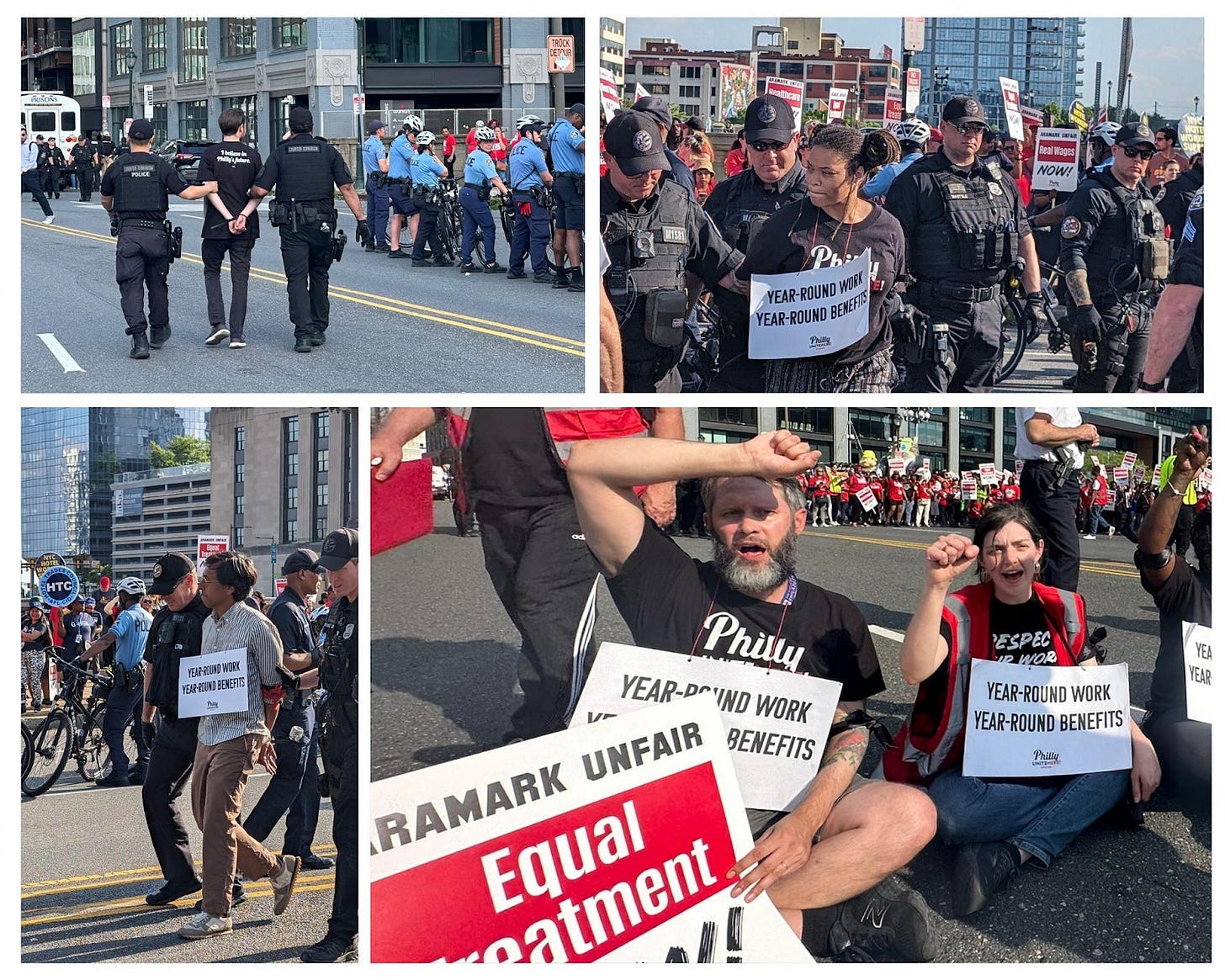 Philly DSA members get arrested with Unite Here workers fighting for a fair contract outside Aramark headquarters on Market St. 