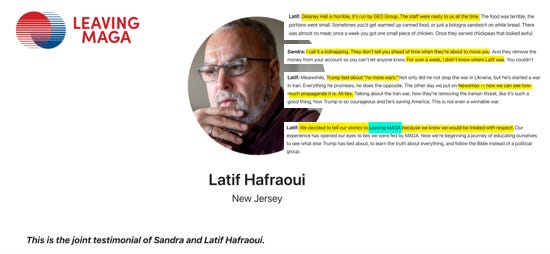 A screenshot of Latif and Sandra Hafraoui's testimonial from Leaving MAGA's website.