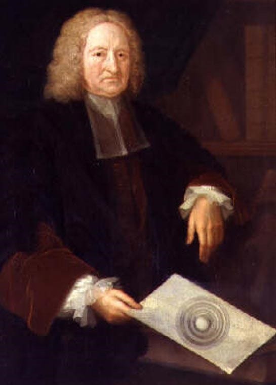 Edmund Halley with a drawing showing shells of his hollow earth theory. Edmund Halley with a drawing showing shells of his hollow earth theory.