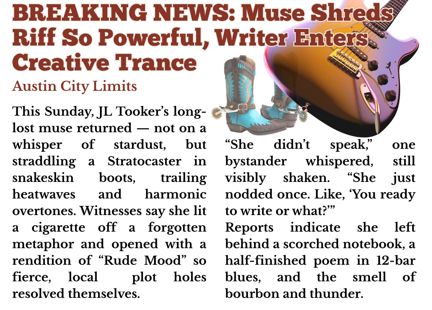Stylized news graphic featuring a fictional report: “BREAKING NEWS: Muse Shreds Riff So Powerful, Writer Enters Creative Trance.” Includes a glowing Stratocaster, snakeskin boots, and vivid prose describing JL Tooker’s muse returning in musical glory—lighting cigarettes off metaphors and resolving plot holes through sheer blues force.