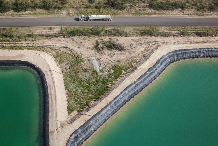 Fracking's water demand requires the construction of ponds like these, which store millions of gallons of fresh water. Aug. 21, 2013. Fracking's water demand requires the construction of ponds like these, which store millions of gallons of fresh water. Aug. 21, 2013.