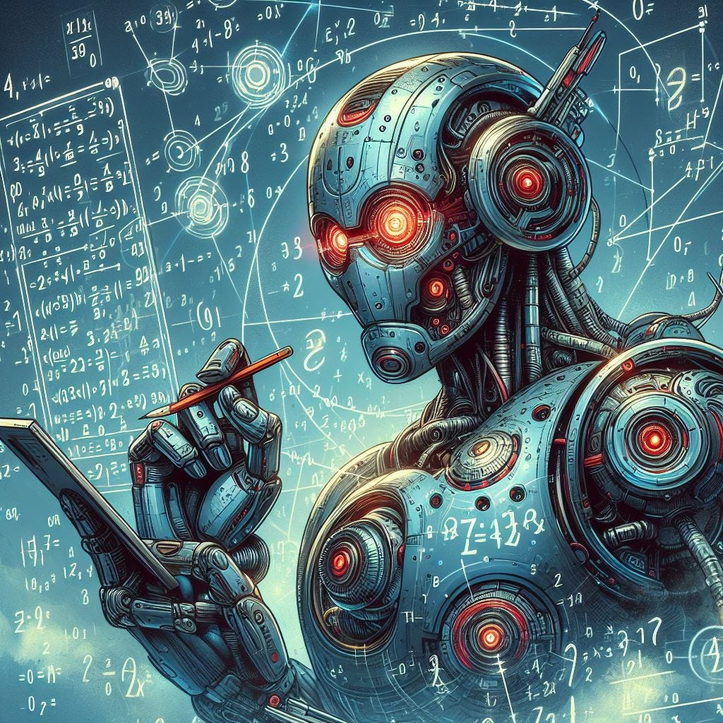 A futuristic robot solving a math problem in the style of artist Jack Kirby