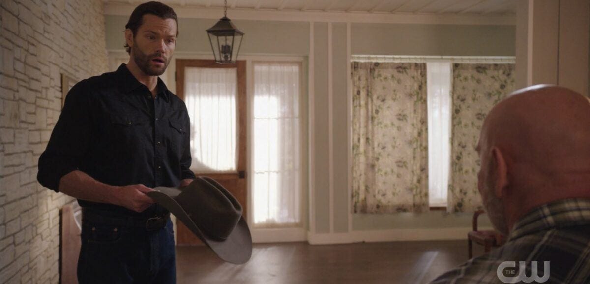 Jared Padalecki with cowboy hat brown talking to Bonham 2.19 Walker. Jared Padalecki with cowboy hat brown talking to Bonham 2.19 Walker.