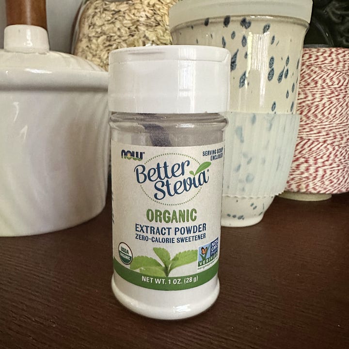 closeup of stevia bottle showing the front label and back ingredient details