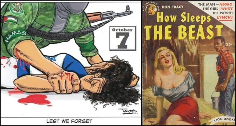 Collage shows two racist cartoons about alleged sexual violence