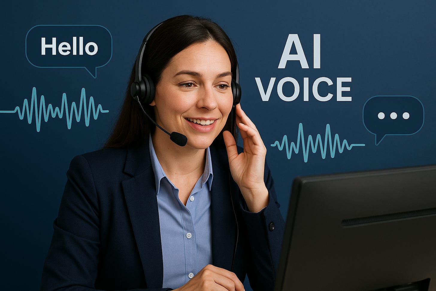 Professional contact center agent speaking with customer while AI voice technology visualizations show natural speech patterns and human-like conversation flow in the background