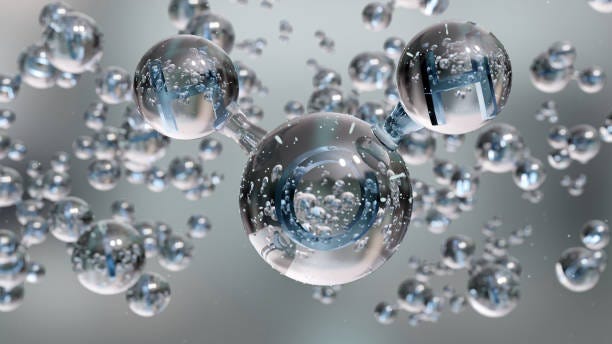 Water molecules, Molecular chemical formula H2O, odorless, Ball and Stick chemical structure model, Macro Liquid Bubbles, particles inside droplet, 3d render
