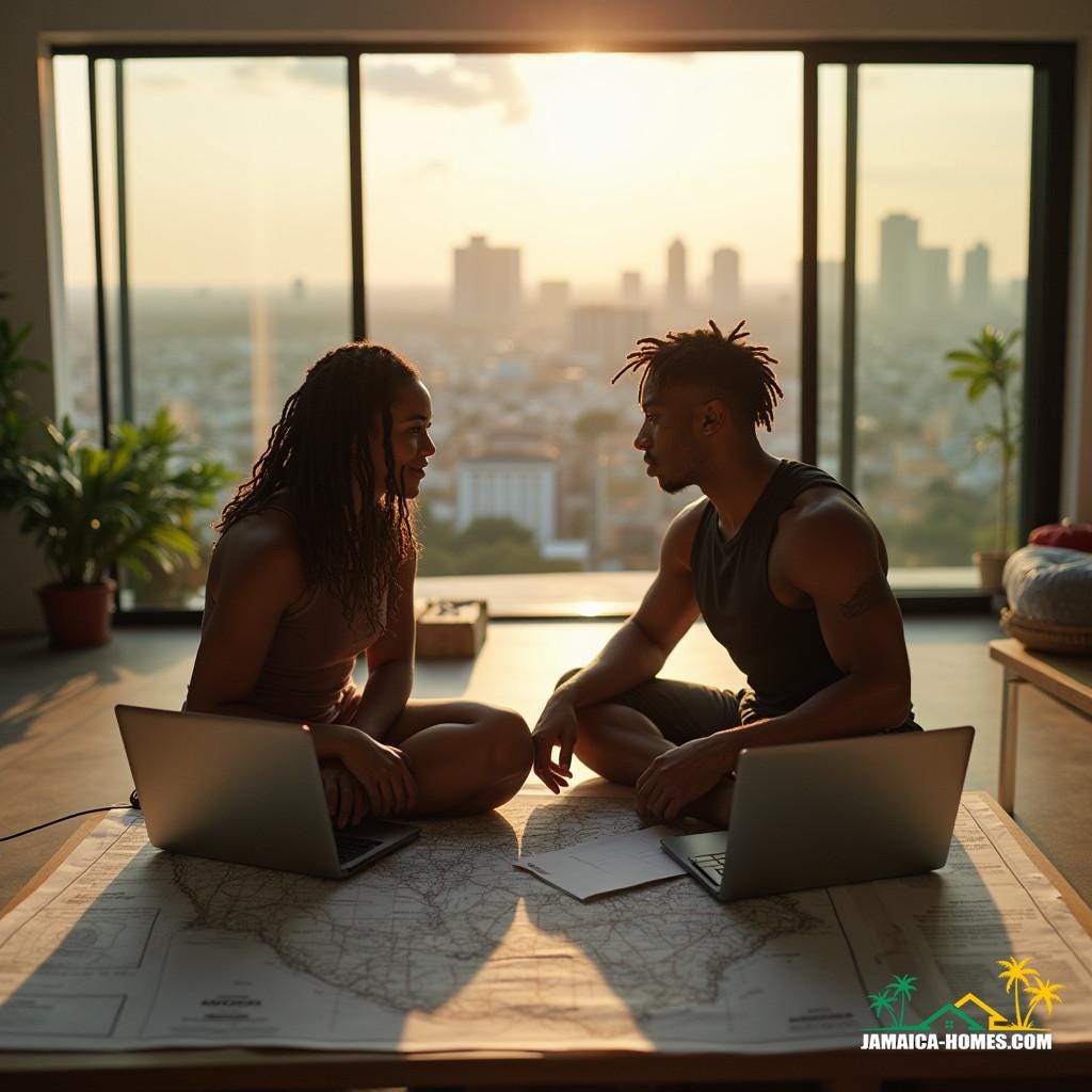 A youthful, light-skinned, mixed-raced Jamaican couple with dreadlocks, dressed in athletic wear, intensely studying financial documents and laptops, surrounded by maps and blueprints of Jamaica, in a modern, minimalist home gym, with a stunning cityscape view of Kingston in the background, warm golden lighting, soft focus, shallow depth of field, cinematic color grading, subtle film grain, and a hint of vignette, reminiscent of the cinematic styles of Ryan Coogler, Ava DuVernay, and Amma Asante, with a dash of Gordon Parks' documentary realism, capturing the essence of a momentous occasion, as they work together to secure their first real estate investment property in Jamaica.