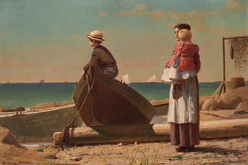 A woman holding a baby stands near a young boy who perches in the tipped-up end of a rowboat that has been pulled onto a sandy beach in this horizontal painting. All the people have light skin. The turquoise and aquamarine-blue ocean beyond meets the pale blue sky at the horizon line, about halfway up the composition. To our left of center, one end of the wooden rowboat has been propped on what might be a fallen piling on the sandy, rocky beach. The boy sitting in the bow faces our left almost in profile, and wears a round, brimmed straw hat over brown hair, a brown, long-sleeved shirt, and charcoal-gray pants. His face turns away from us so we only see his cheek and the curve of his ear. To our right, the woman’s dark hair is pulled up and she wears a white apron over a long brown skirt. She stands angled to our right and looks over the shoulder of the blond baby she holds up against her chest. The child is dressed in a white skirt, blue sash, a red jacket, and black shoes. The beach around the people is strewn with another rowboat, large boulders, a wooden barrel, and fishing nets hung over a tall frame to dry. A few tufts of scrubby grass grow in the sand around the woman’s feet. The white sails of several ships line the horizon in the deep distance. Thin, pale peach clouds float across an ice-blue sky. The artist signed and dated the work in dark paint in the lower left corner: “WINSLOW HOMER 1873.” A woman holding a baby stands near a young boy who perches in the tipped-up end of a rowboat that has been pulled onto a sandy beach in this horizontal painting. All the people have light skin. The turquoise and aquamarine-blue ocean beyond meets the pale blue sky at the horizon line, about halfway up the composition. To our left of center, one end of the wooden rowboat has been propped on what might be a fallen piling on the sandy, rocky beach. The boy sitting in the bow faces our left almost in profile, and wears a round, brimmed straw hat over brown hair, a brown, long-sleeved shirt, and charcoal-gray pants. His face turns away from us so we only see his cheek and the curve of his ear. To our right, the woman’s dark hair is pulled up and she wears a white apron over a long brown skirt. She stands angled to our right and looks over the shoulder of the blond baby she holds up against her chest. The child is dressed in a white skirt, blue sash, a red jacket, and black shoes. The beach around the people is strewn with another rowboat, large boulders, a wooden barrel, and fishing nets hung over a tall frame to dry. A few tufts of scrubby grass grow in the sand around the woman’s feet. The white sails of several ships line the horizon in the deep distance. Thin, pale peach clouds float across an ice-blue sky. The artist signed and dated the work in dark paint in the lower left corner: “WINSLOW HOMER 1873.”