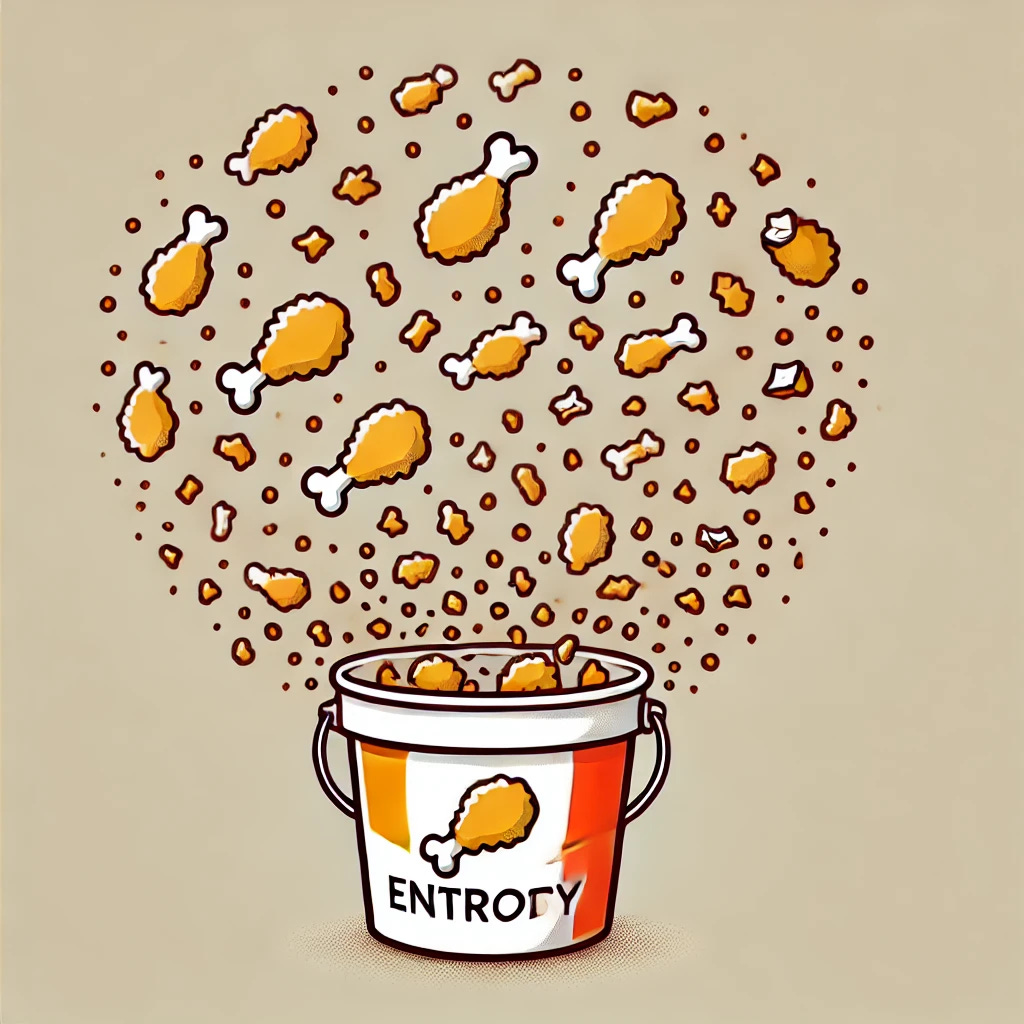 A humorous, simple vector graphic representing entropy in a playful way. The image includes a bucket of fried chicken, but without any logos, with pieces of chicken floating outward or breaking apart in a fun, abstract pattern to symbolize entropy. The particles or chicken pieces are spreading in all directions, emphasizing randomness and dispersion. The colors are warm, with shades of yellow, orange, and light brown, and the overall style remains minimalistic and modern, with a lighthearted, humorous touch.
