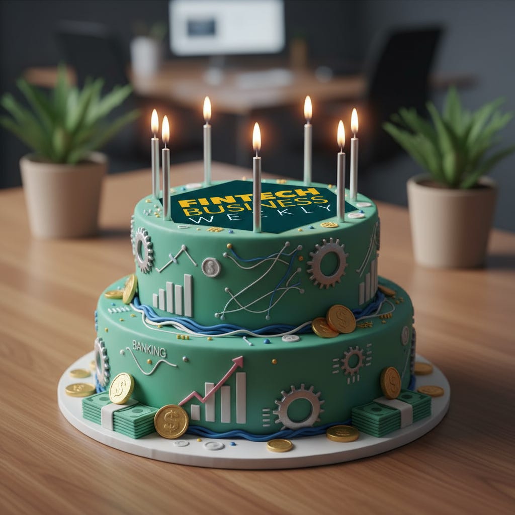 Hyperrealistic banking-themed birthday cake with Fintech Business Weekly logo on top and five candles. Hyperrealistic banking-themed birthday cake with Fintech Business Weekly logo on top and five candles.