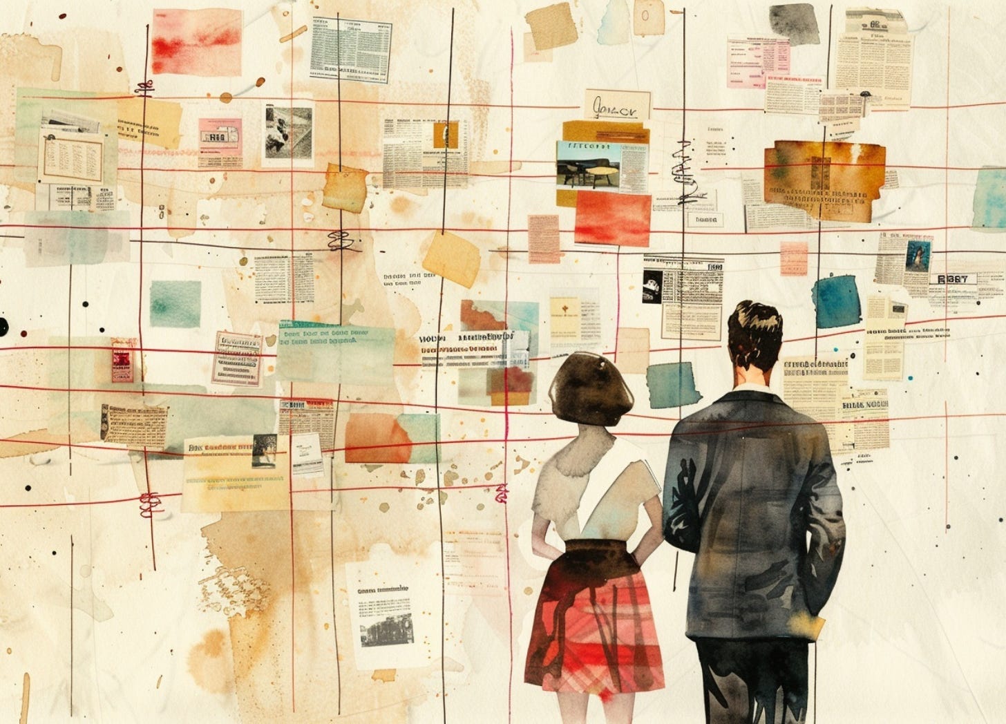 Vintage watercolor illustration of a man and woman standing in front of a large wall covered in clippings, notes, and red grid lines, observing a carefully constructed collage of language and imagery. Vintage watercolor illustration of a man and woman standing in front of a large wall covered in clippings, notes, and red grid lines, observing a carefully constructed collage of language and imagery.