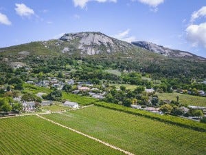 The granite Simonsberg mountain looms over the vineyards of Paarl's Western Cape.