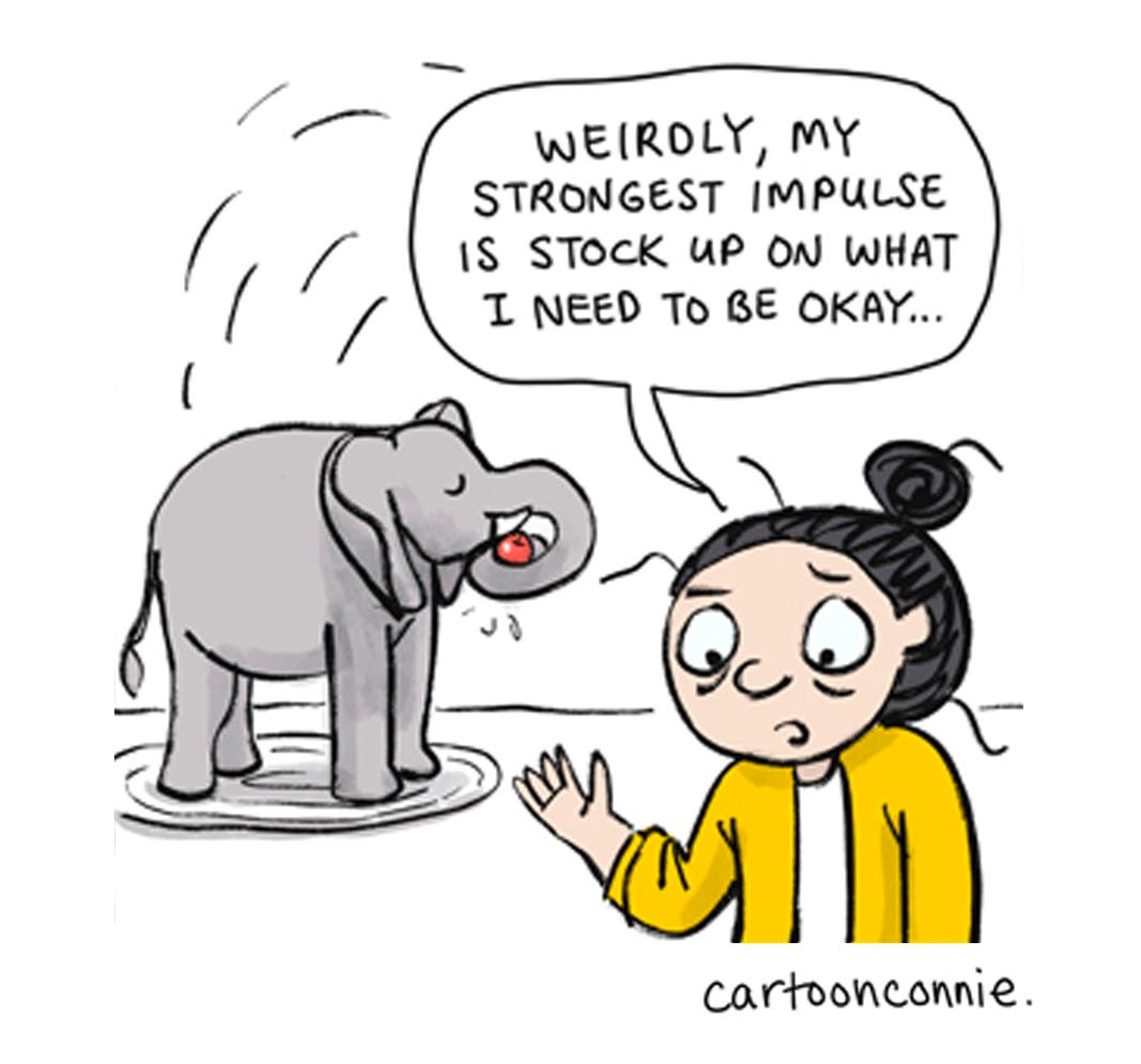 Panel 4 of a 6-panel comic about the weird things we stock up on in times of uncertainty and scarcity. The panels illustrate a cartoon girl with a bun talking to an elephant about insecurity leading to an impulse to panic-buy strange things. Titled "The Things We Stock Up On," 2026, by Connie Sun, cartoonconnie. Panel 4 of a 6-panel comic about the weird things we stock up on in times of uncertainty and scarcity. The panels illustrate a cartoon girl with a bun talking to an elephant about insecurity leading to an impulse to panic-buy strange things. Titled "The Things We Stock Up On," 2026, by Connie Sun, cartoonconnie.
