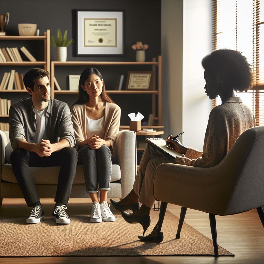 White husband and Asian wife in couple's therapy with Black female therapist