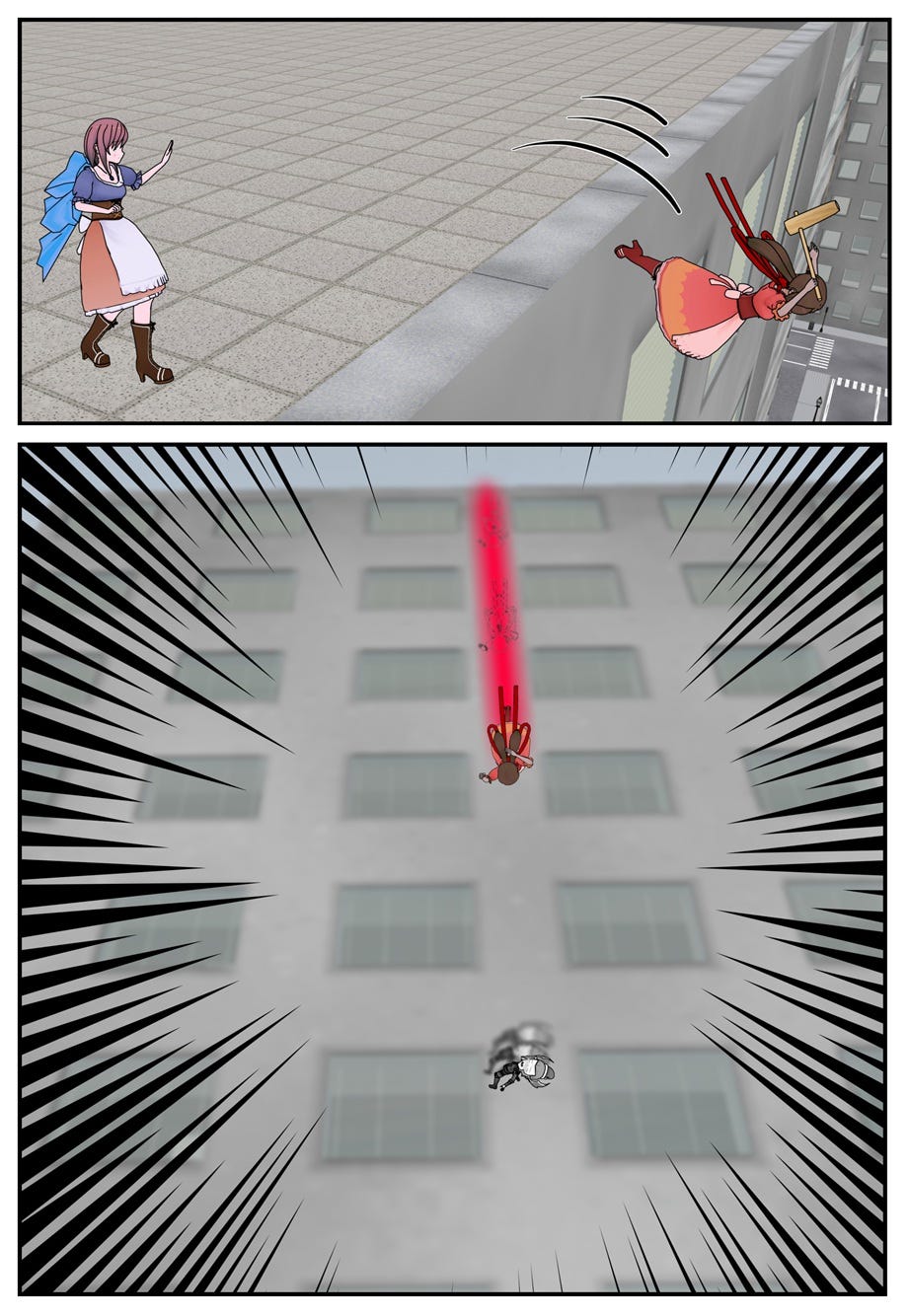 Jackie jumps off the edge and flies down in a streak of red light toward the falling Mouse.