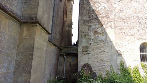 St Michael and All Angels Church, Atworth, Wiltshire. The photos show the church and one shows the connecting passage between the 19th century church and the original 15th century tower. The third photo shows the entrance door. Images: Roland's Travels