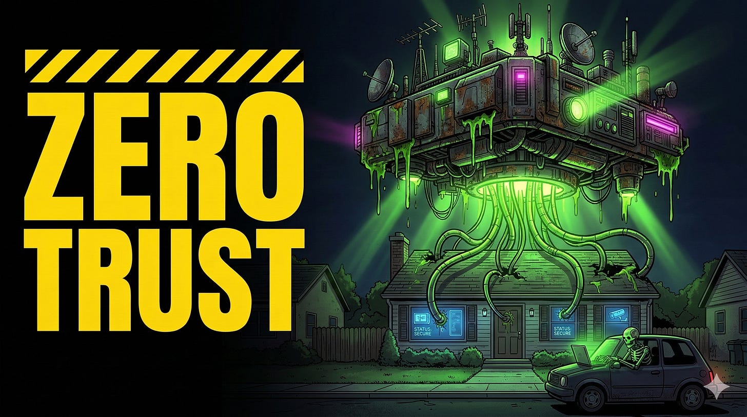 Evil twin WiFi attack — attacker laptop cloning home network curbside, Bettercap terminal, IoT devices hijacked, NAS root via CVE-2026-24061