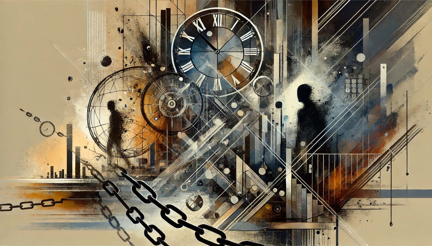 A modern art representation of a dystopian scene depicting instability and uncertainty. The artwork should feature abstract elements such as fragmented shapes, dark and muted colors, and chaotic lines. Include symbolic elements like broken chains to represent freedom lost, distorted clocks for the unpredictability of time, and shadowy figures to signify anonymity and mistrust. The overall composition should evoke a sense of unease and tension, reflecting the fragile state of modern systems and the need for resilience.