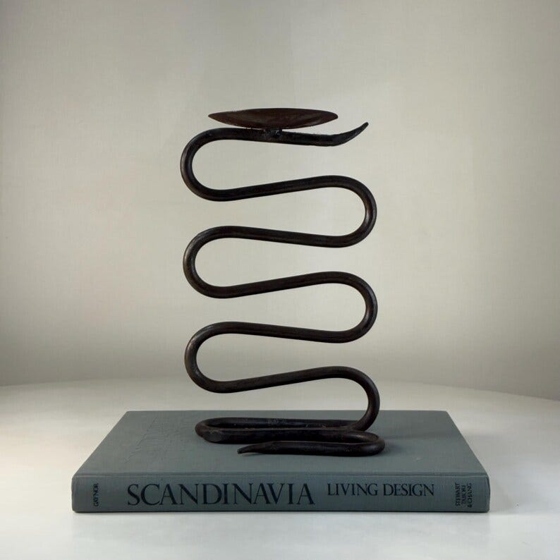 Vintage Hand Forged Iron Serpentine Squiggle Design Candle Holder - Industrial Minimalist Modern Decor image 2