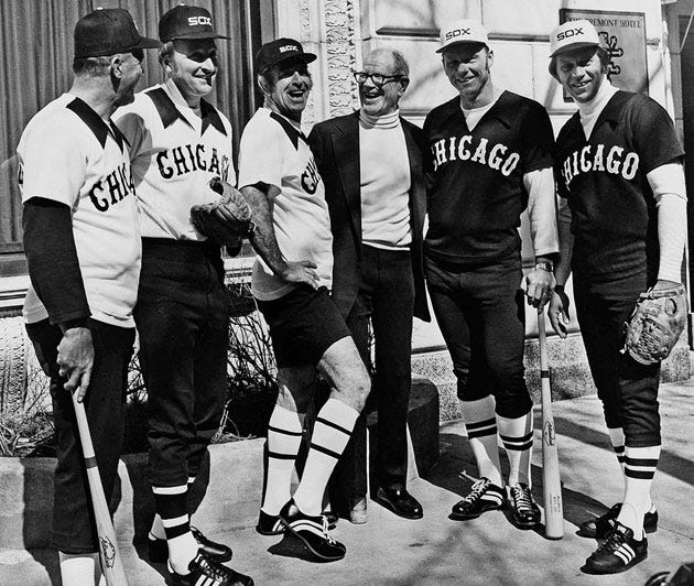 Bill Veeck and White Sox alums unveil the team's radically redesigned uniforms in 1976.