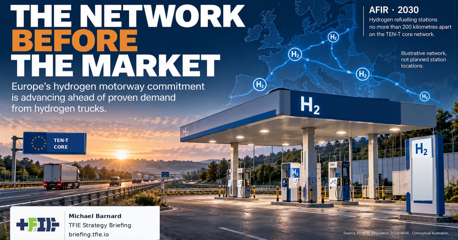 European motorway and empty hydrogen refuelling station at sunset, with an illustrative hydrogen network overlaid on a map of Europe.