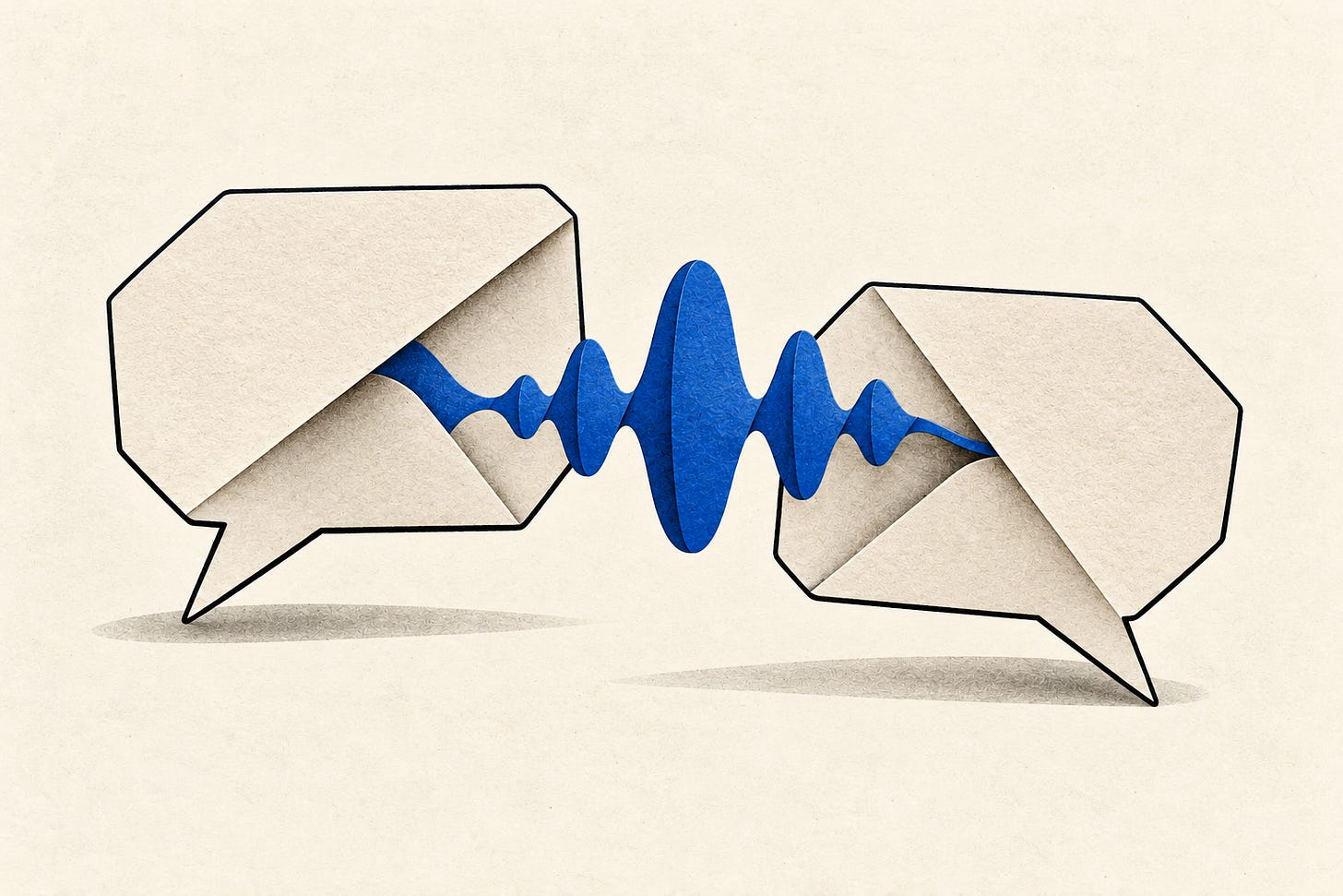 Two ivory paper speech bubbles connected by a cobalt sound wave. Two ivory paper speech bubbles connected by a cobalt sound wave.