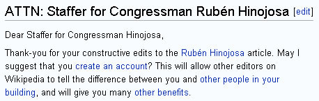 wikipedia-hinojosa-comment ATTN: Staffer for Congressman Rubén Hinojosa