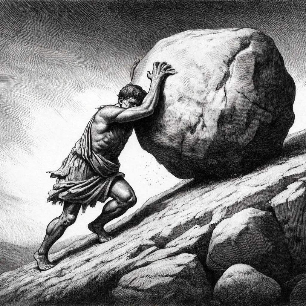 A hand-drawn illustration of Sisyphus, the mythological figure from Greek mythology, pushing a massive boulder up a steep hill. Sisyphus is depicted as a strong man with muscular arms and legs, straining with effort as he pushes the rock. The setting is a rugged, rocky landscape with a dark, stormy sky in the background, emphasizing the struggle and eternal nature of his task. His expression shows determination and exhaustion, and he is wearing ancient Greek clothing that is tattered and worn. The drawing style should resemble traditional pencil or ink sketches, with detailed line work and shading to capture the intensity and drama of the scene.