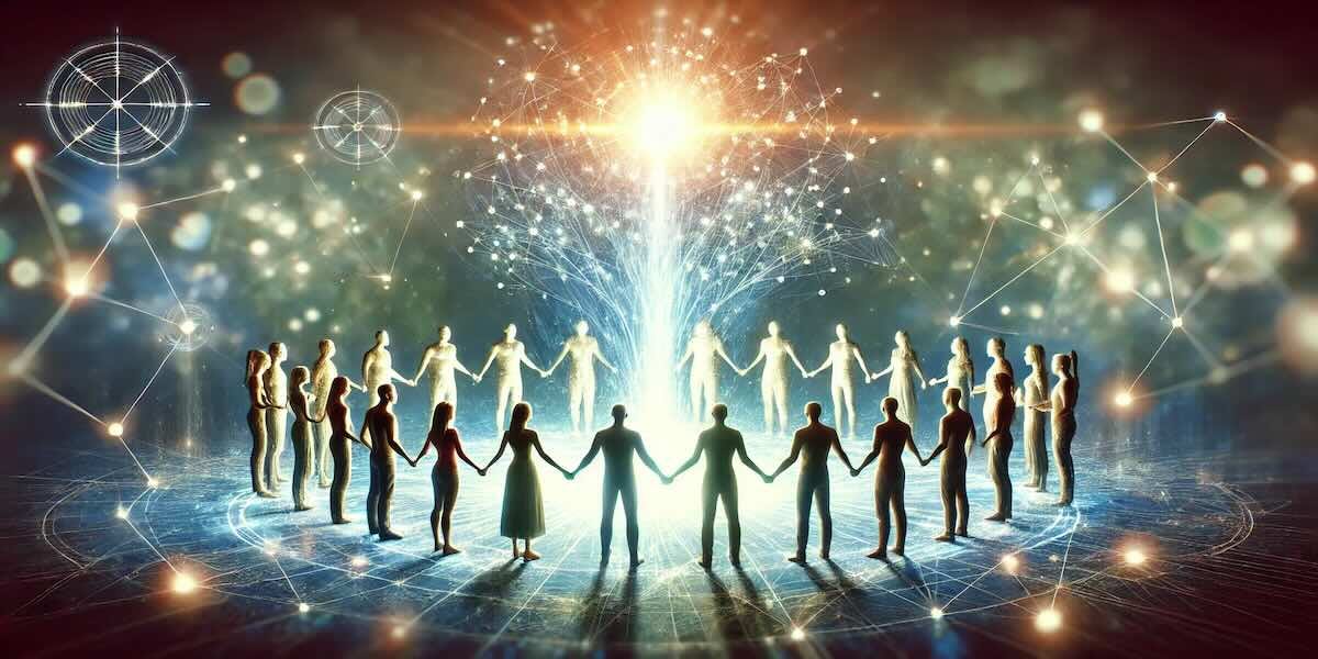 Persone unite in cerchio sotto una luce energetica, simbolo delle egregore e della forza dei pensieri collettivi.