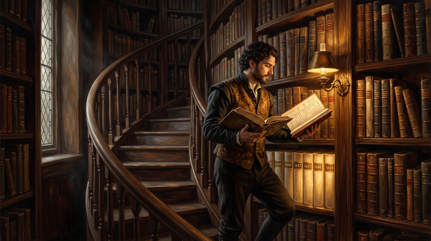 Man reading an open book in a dark wood library beside a spiral staircase