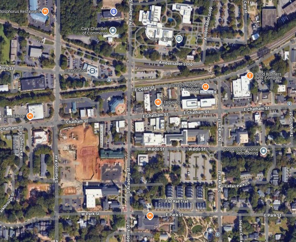 A satellite image of downtown Cary NC