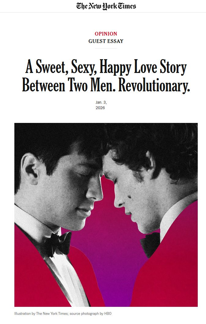 Screenshot of NYT opinion piece titled "A Sweet, Sexy, Happy Love Story Between Two Men. Revolutionary."