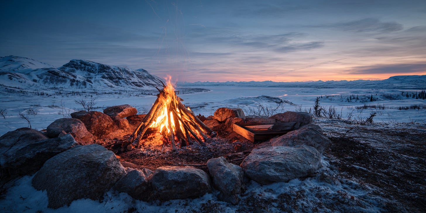 Bannock roasting over a stone-lined campfire on open tundra, with faint northern lights in the sky and snowy hills in the distance. Bannock roasting over a stone-lined campfire on open tundra, with faint northern lights in the sky and snowy hills in the distance.