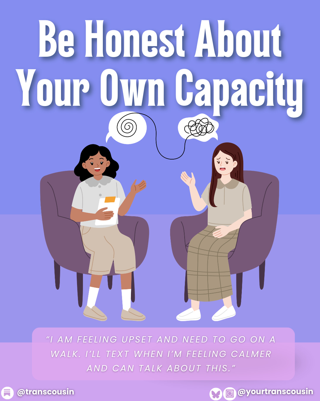 Two young cartoon women sit on armchairs across from each other and talk. Swirled line drawings above them indicate differences in dialogue or opinion. Two young cartoon women sit on armchairs across from each other and talk. Swirled line drawings above them indicate differences in dialogue or opinion.